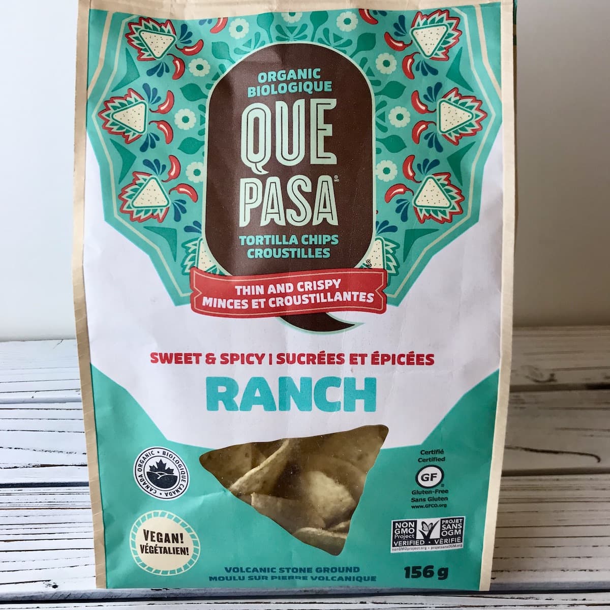 A bag of ranch flavored Que Pasa tortilla chips.