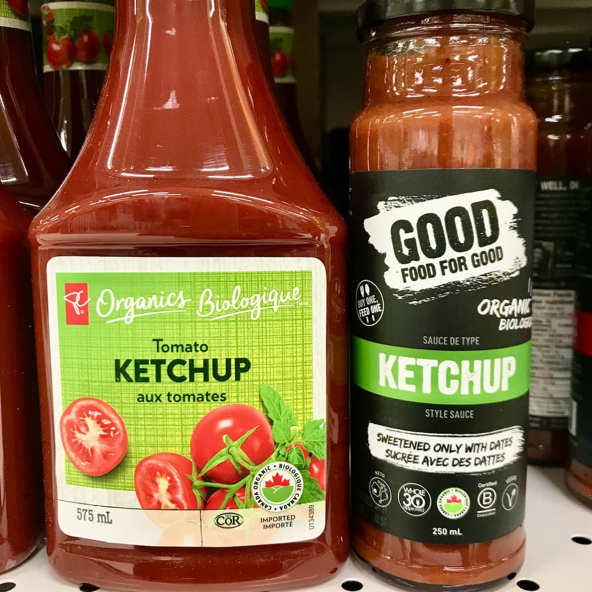 Two bottles of vegan ketchup.