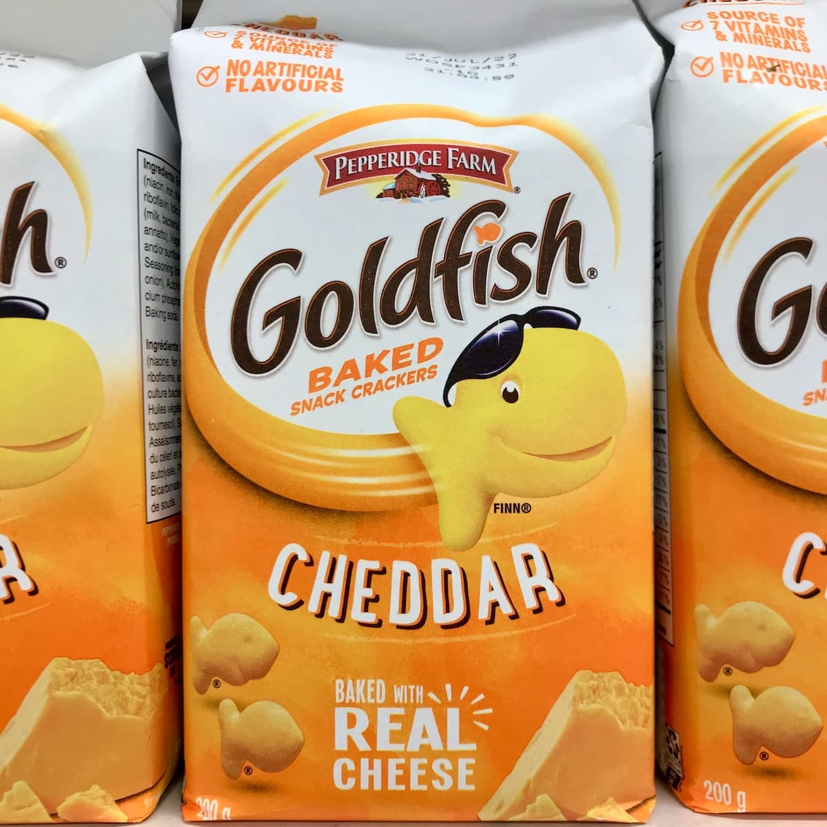 Three packages of Goldfish Crackers.