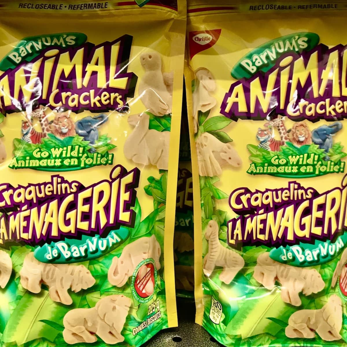 Two packages of Barnum's Animal Crackers.