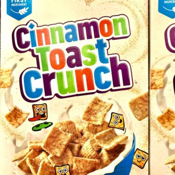A box of Cinnamon Toast Crunch cereal.