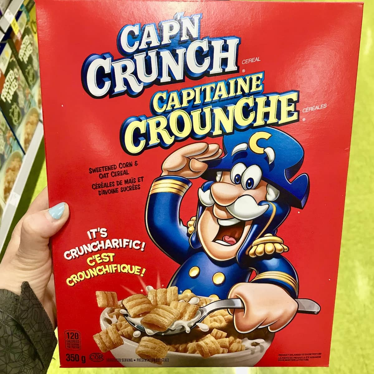 A box of Cap'n Crunch cereal.