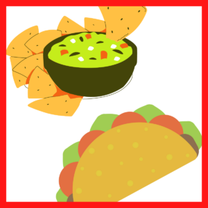 Clipart taco and guacamole with chips.