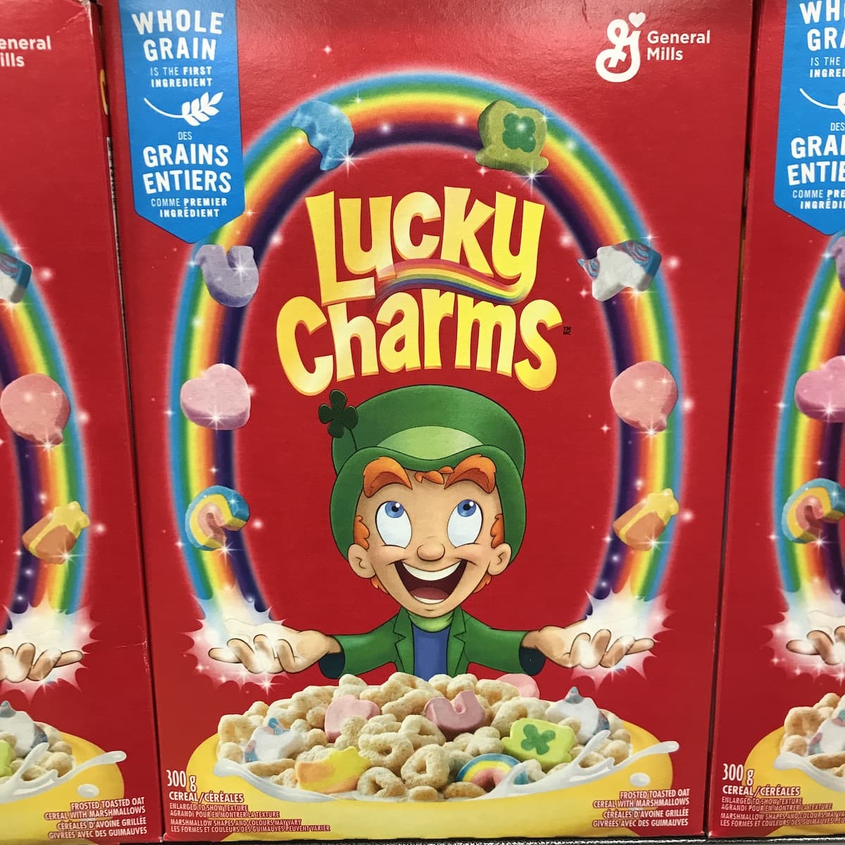 A red box of Lucky Charms cereal.