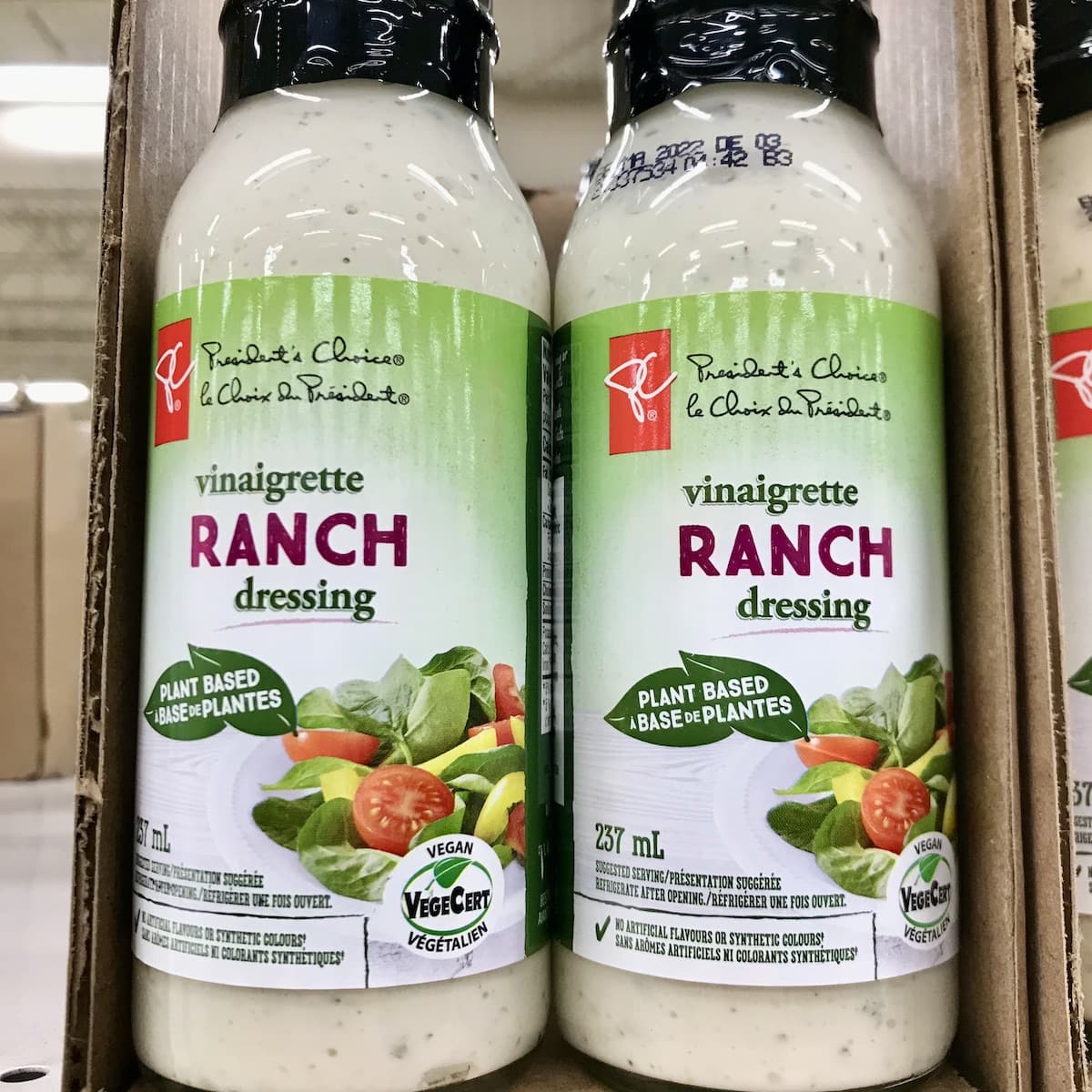 Two bottles of PC vegan ranch dressing.