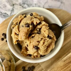 A bowl of peanut butter chocolate chip cookie dough.