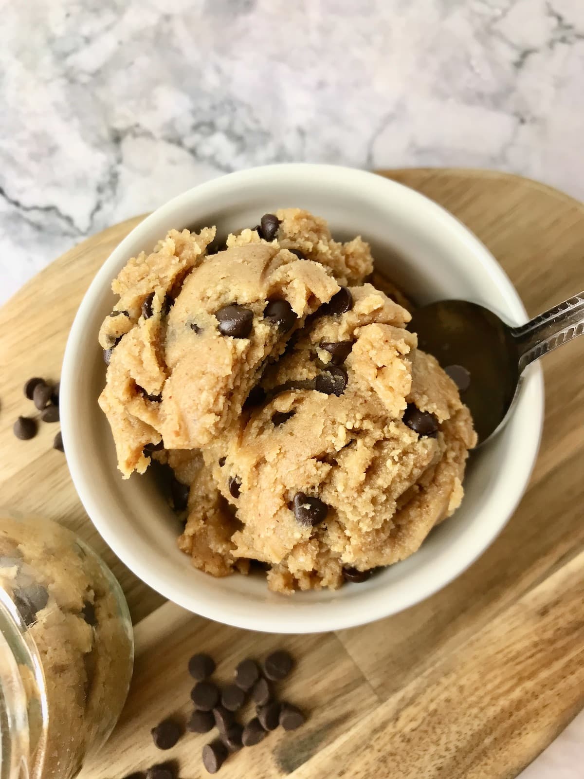 A bowl of peanut butter chocolate chip cookie dough.