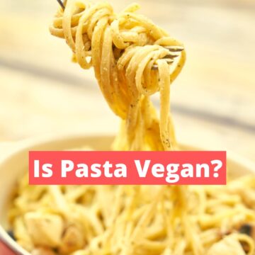 Pasta on a fork with text that says Is Pasta Vegan?