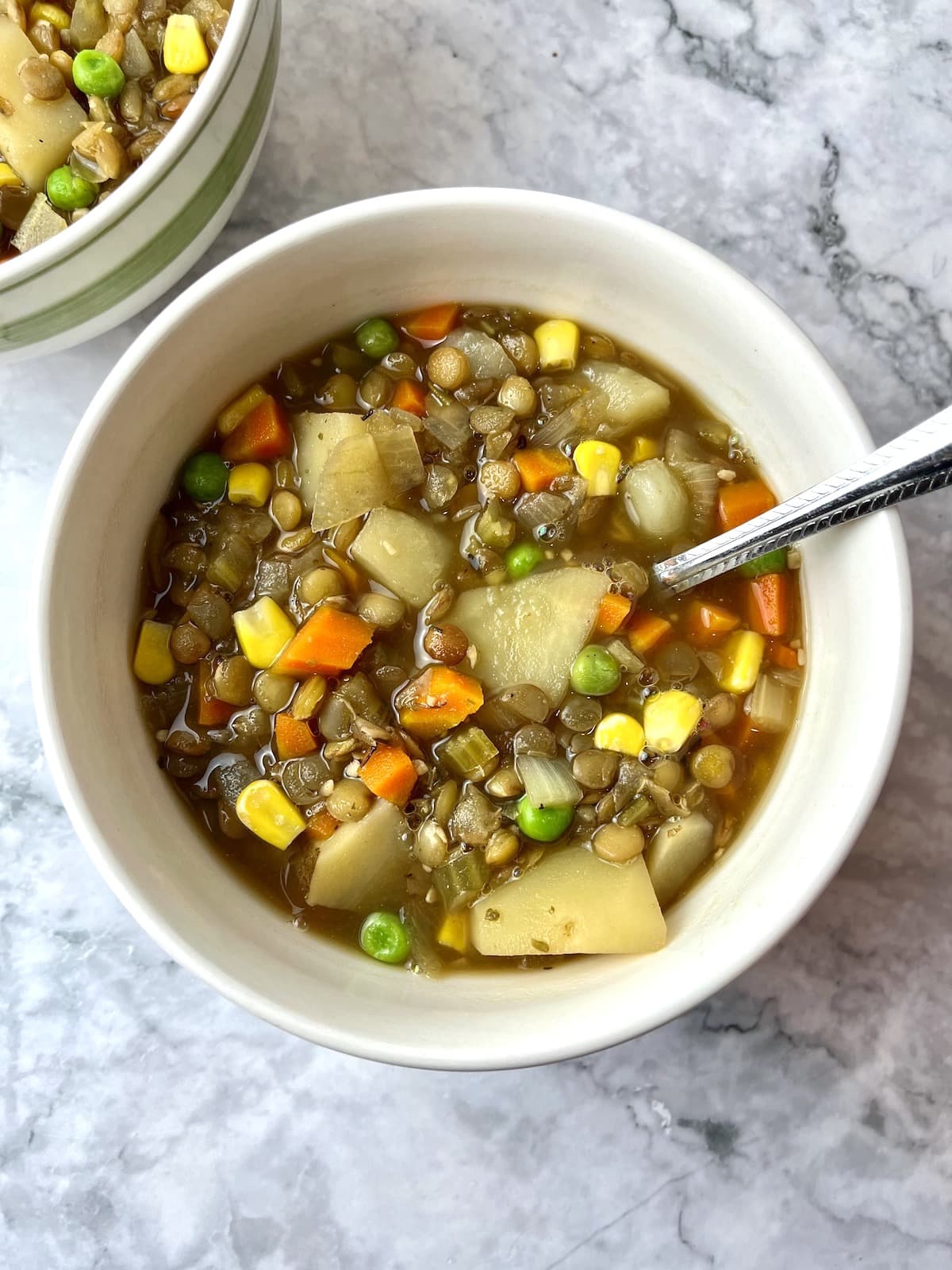 A bowl of lentil potato stew filled with carrot, corn, peas, potato, and green lentils.