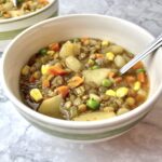 A bowl of vegan lentil stew.