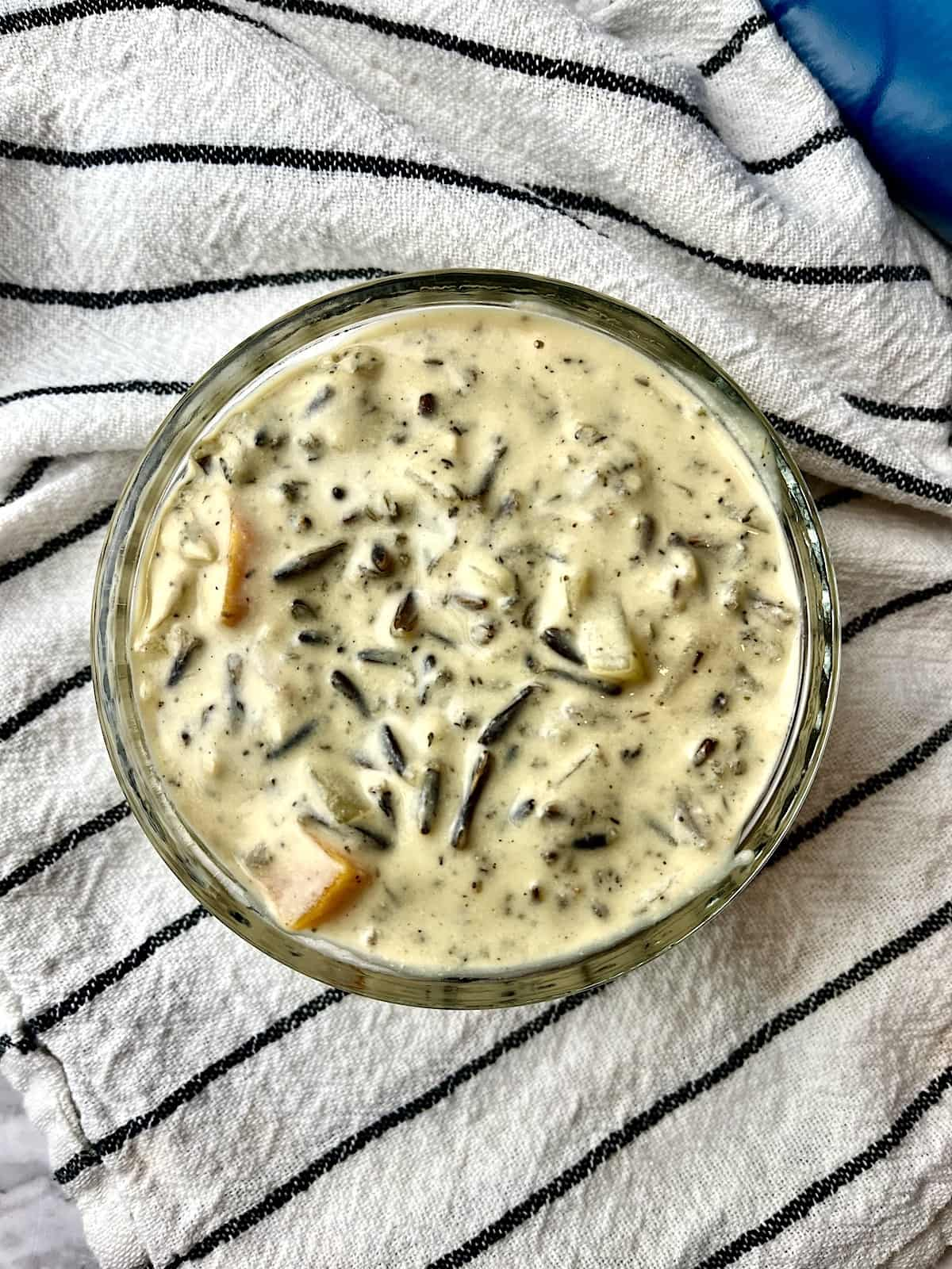 A small bowl of vegan wild rice soup.