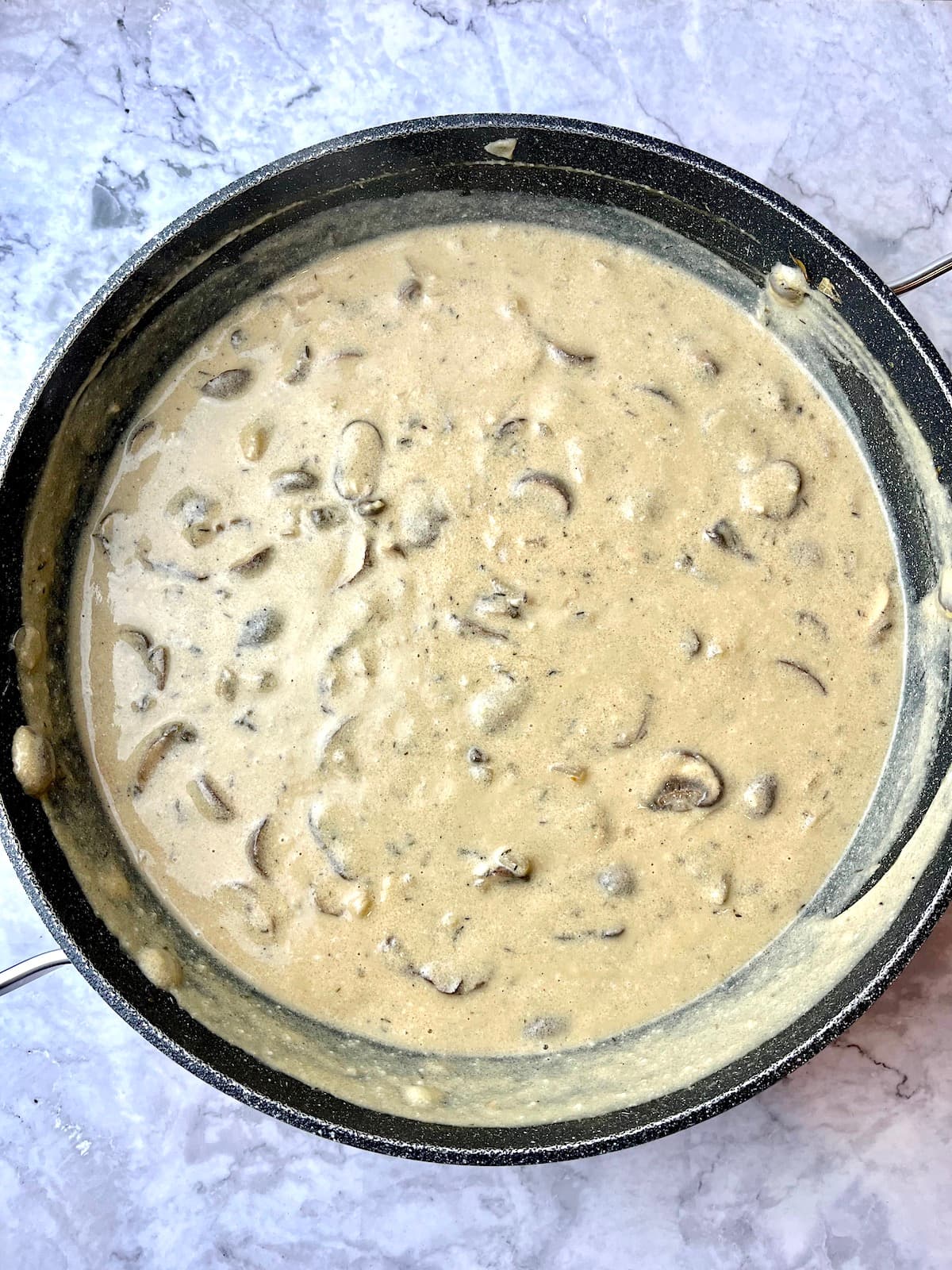 A large pan of vegan mushroom stroganoff.