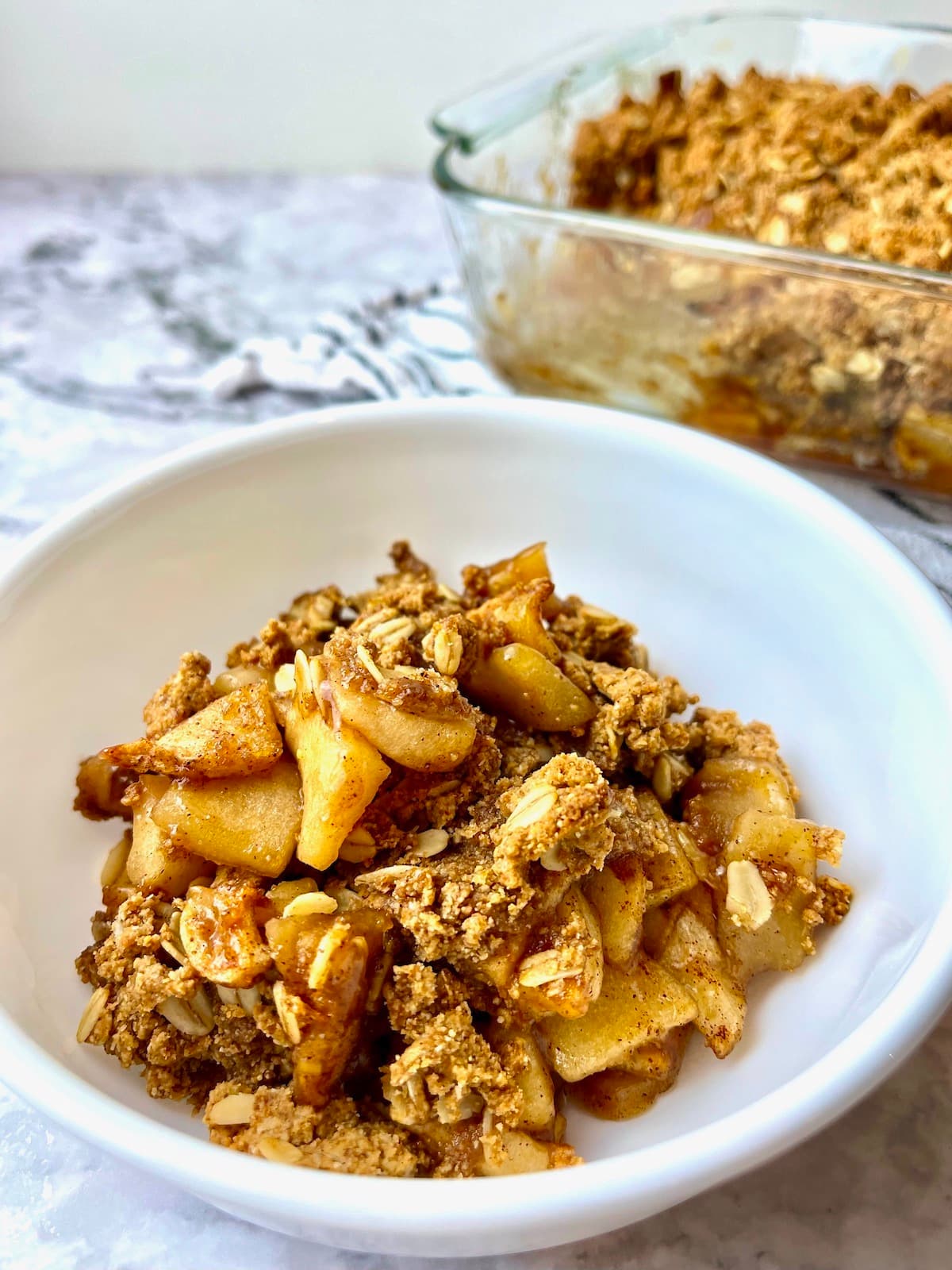 A bowl of peanut butter apple crisp.