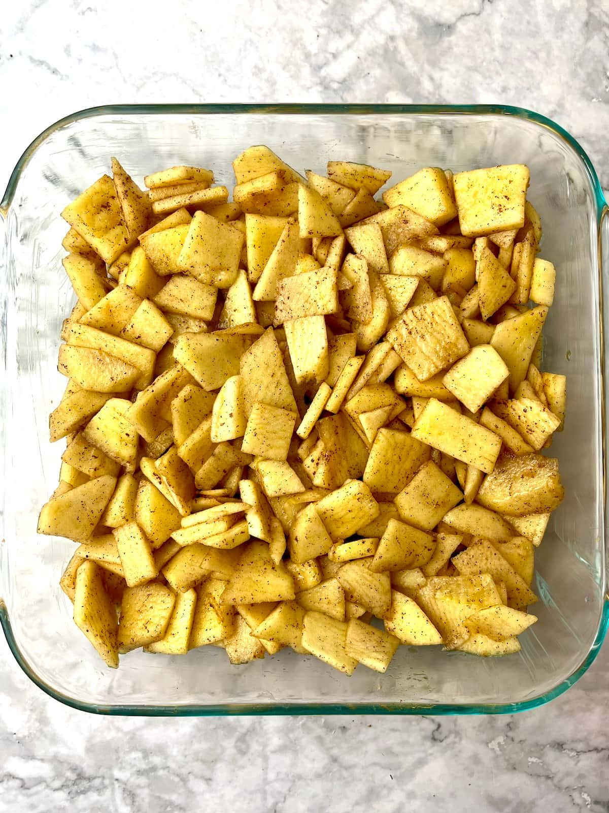 Sliced apples and cinnamon in a square baking dish.