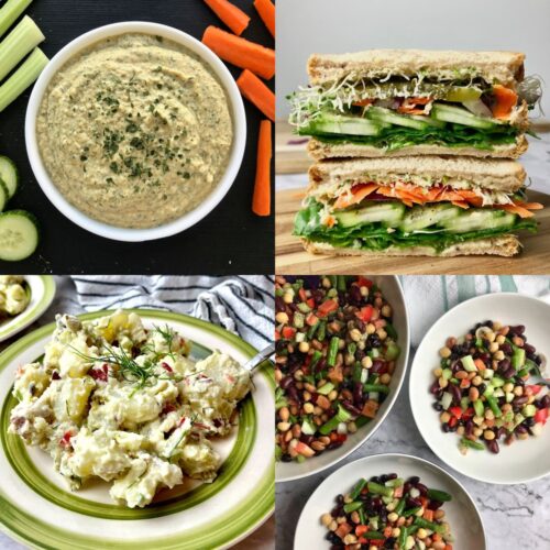 Dill pickle hummus, a veggie hummus sandwich, vegan potato salad, and 5 bean salad.