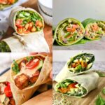 Four vegan wraps filled with various vegetables and sauces.